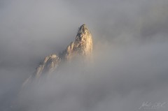 Červený kameň v objatí hmly