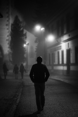 Stalking in foggy night.
