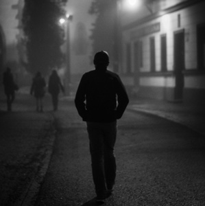 Stalking in foggy night.